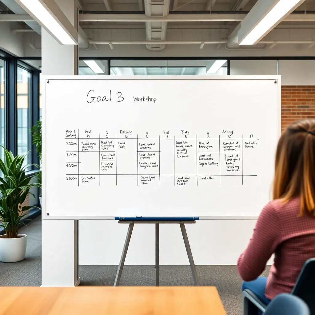 Workshop schema met tijdsindeling en activiteiten op een whiteboard