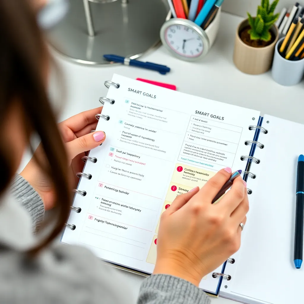 Persoon die SMART-doelen implementeert in een planner volgens Nederlands systeem