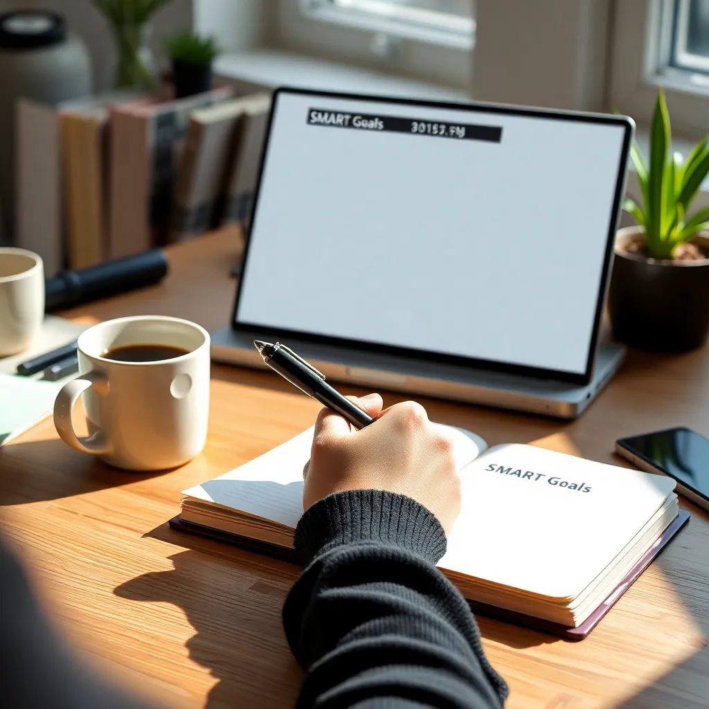 Persoon die doelen opschrijft in een notitieboek met een kopje koffie ernaast