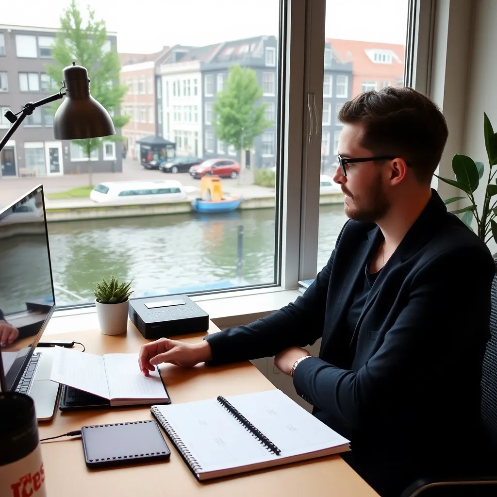 Nederlandse professional die productief werkt aan doelen in een moderne werkruimte