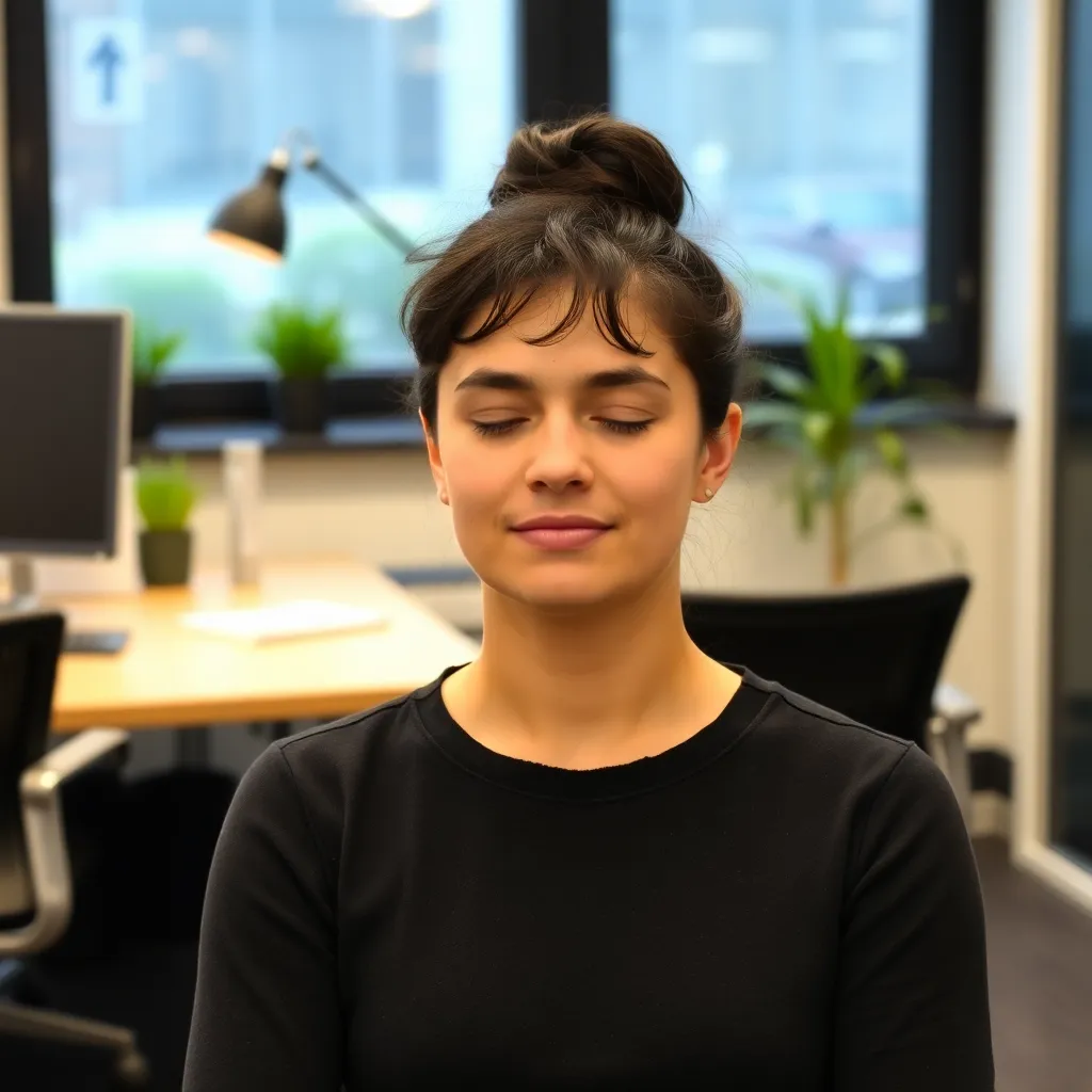 Een persoon die mindfulness-oefeningen doet in een Nederlandse werkomgeving