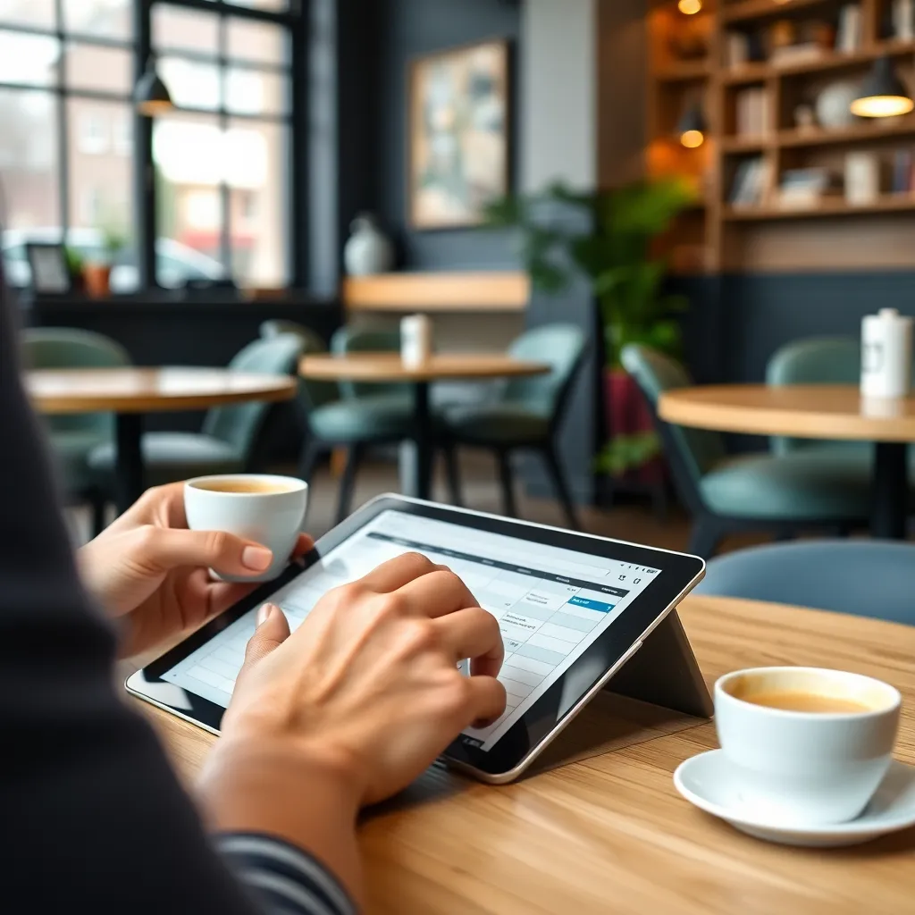 Een persoon die een digitale planner gebruikt op een tablet terwijl ze koffie drinkt