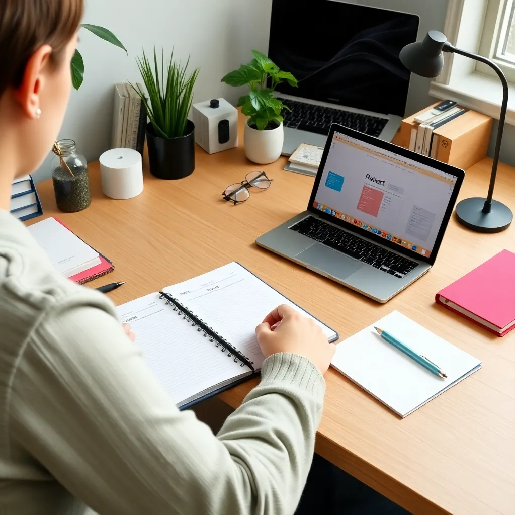 Een persoon die werkt aan een neatly georganiseerd bureau met een planner en laptop