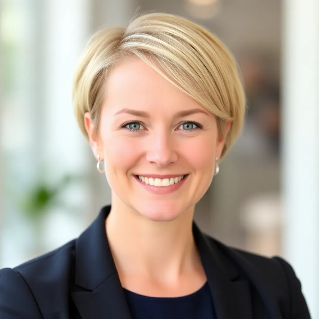 Portret van Marieke de Vries, een zakenvrouw met kort blond haar