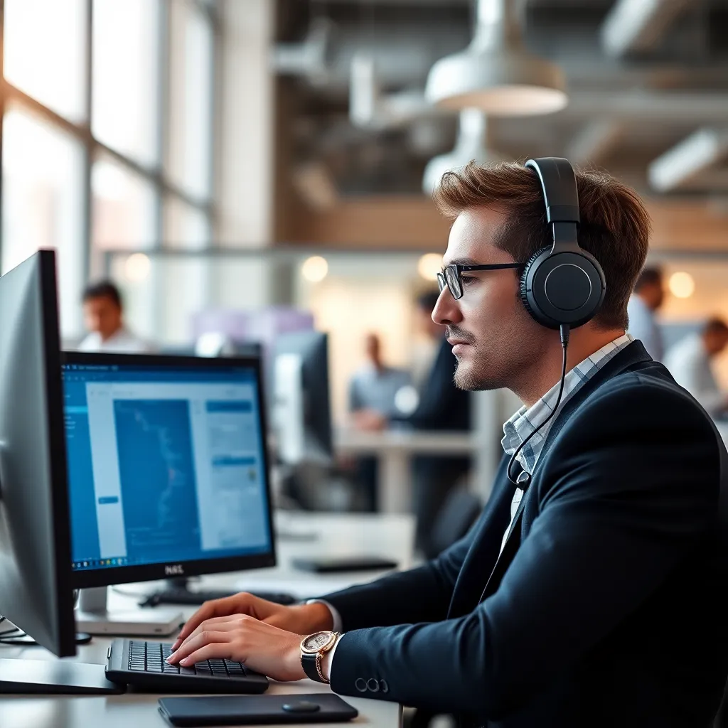 Professional in afleidingsvrije werkruimte met koptelefoon