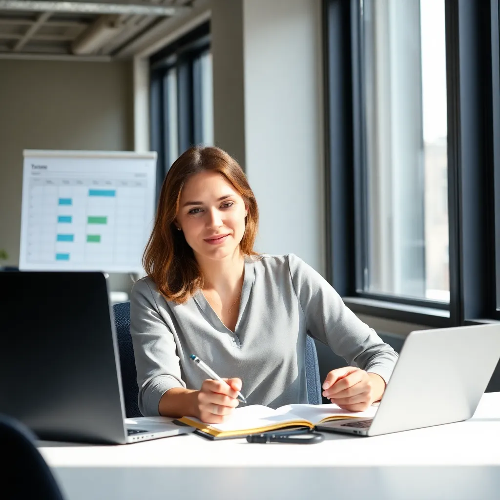 Professionele vrouw die timeboxing-techniek gebruikt op kantoor